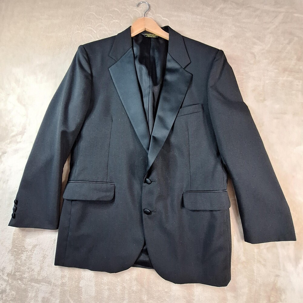 Tuxedo Jacket Mens Large Black Peak Lapel Satin Buttons Dinner Formal Made USA